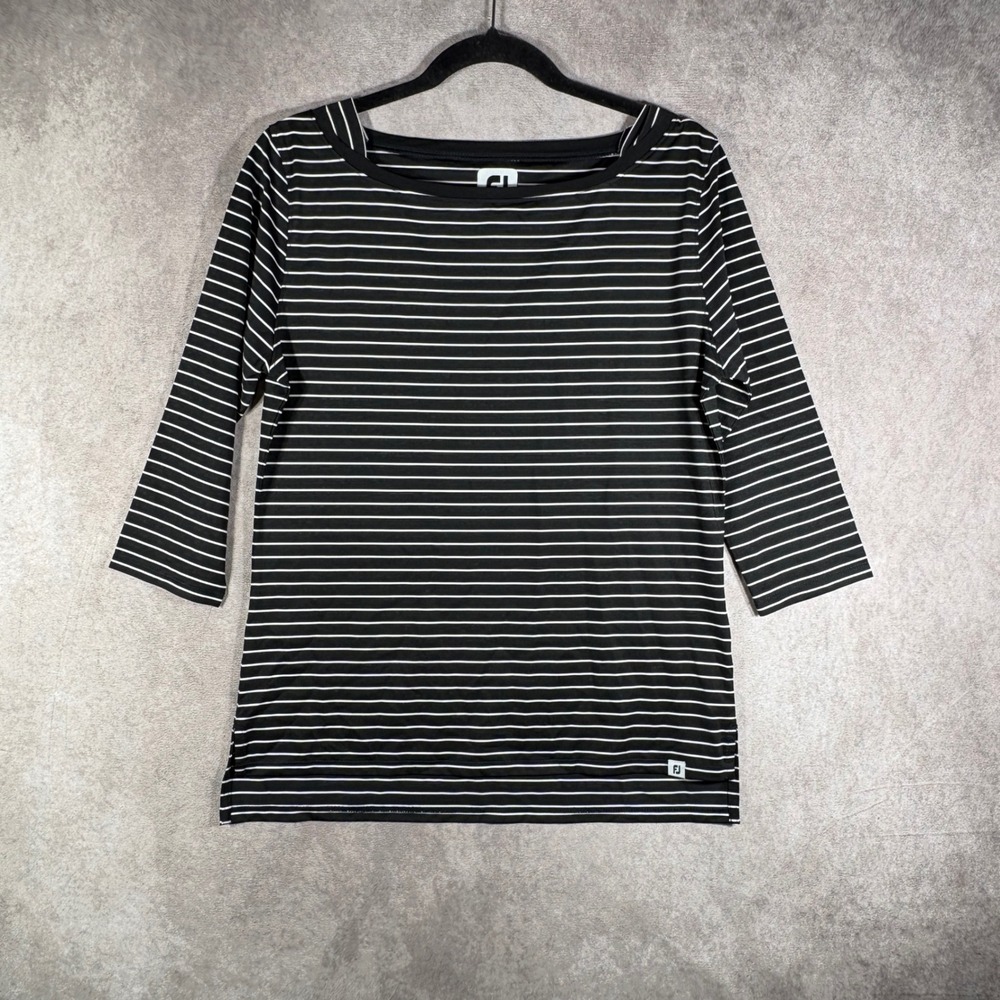 FootJoy Top WomenS M Black Striped Golf Athletic Performance Shirt 3/4 Sleeve